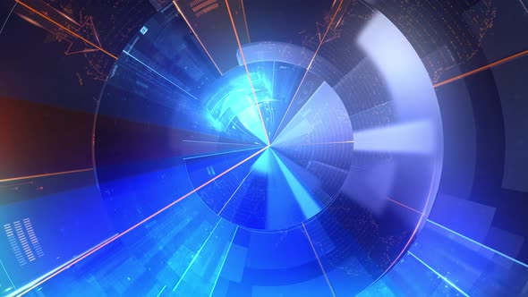 Animated abstract background in abstract futuristic radar with blue - orange neon lights