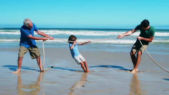 Family playing tug of war at the beach