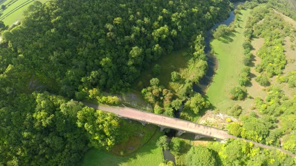 Aerial view, footage of Headstone Viaduct in Bakewell, Derbyshire, the Peak District National Park,