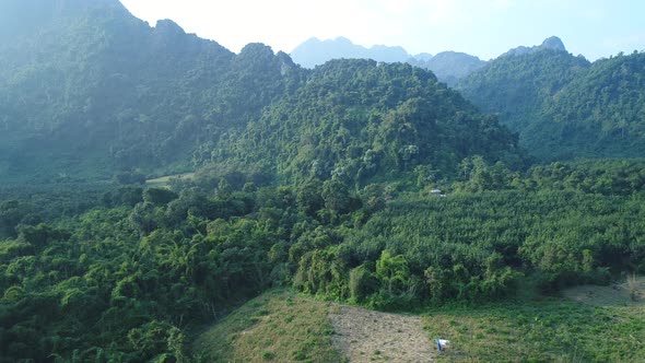 Natural landscapes around the city of Vang Vieng in Laos seen from the sky