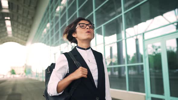 Young Beautiful Businesswoman Walking Down Street Smiling Business Centre Background