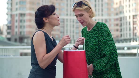 Two Envious Adult Women Bragging Purchases in Shopping Bags Talking Standing on City Street