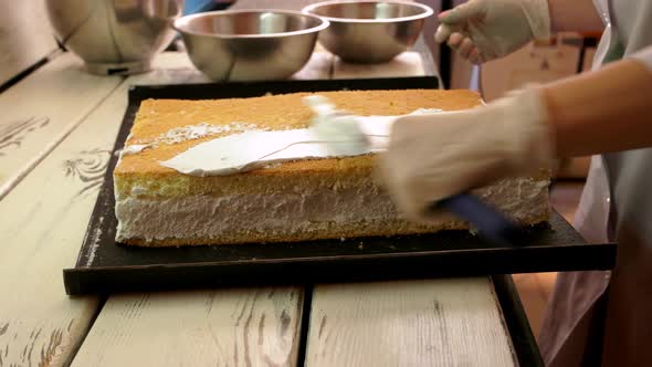 Baker Applying White Cream on Cake