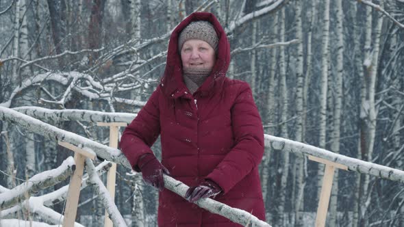 Portrait of attractive senior lady in winter clothes standing ourdoors in park in winter smiling