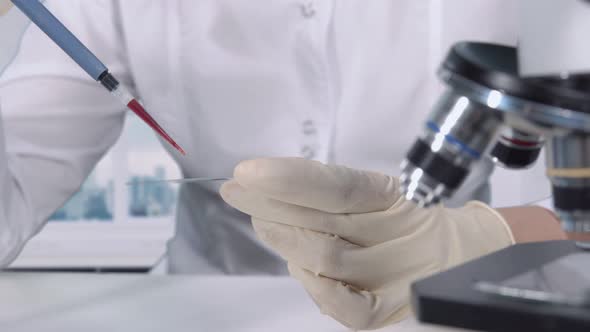 Close-up of Gloved Hands. a Female Researcher Performs a Blood Test Using a Micropipette and Glass