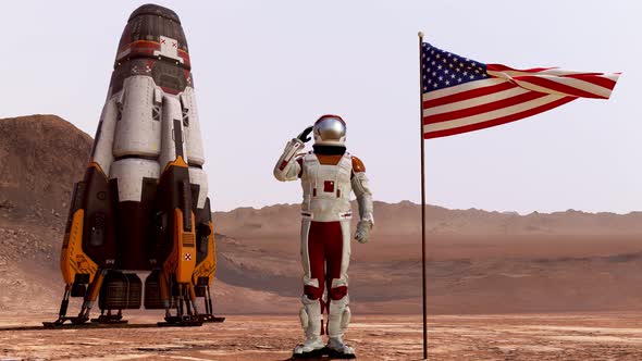 Astronaut Saluting the American Flag. Exploring Mission To Mars /Red Planet.. Futuristic