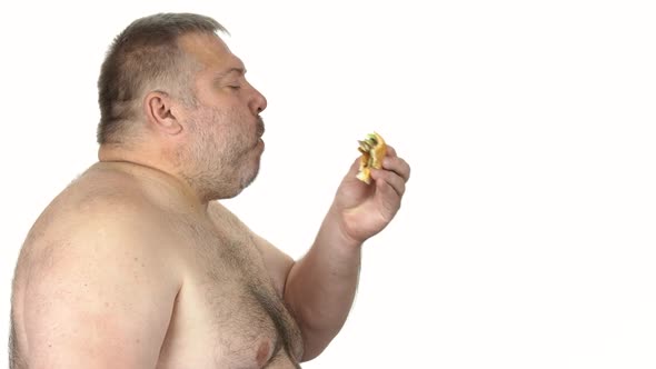 Fat Man Eating Burger on White Background