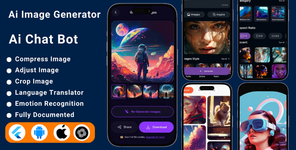 AI Image Generator | AI Chat Bot | Translator & Emotion Recognition | Flutter Android & iOS App