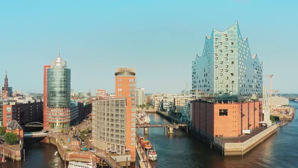 Aerial View of the Modern Prestigious and Business District of Hamburg Hafencity on a Nice Fine Day