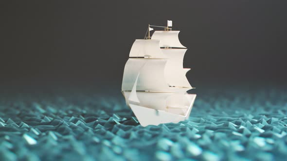 Tiny little paper ship sailing on an artificial cyan sea in looping animation 4K