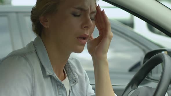 Woman in Car Worrying About Personal Problems, Divorce, Stressful Job, Closeup