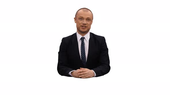 Male Media Broadcaster Sitting and Speaking on a Transparent Background