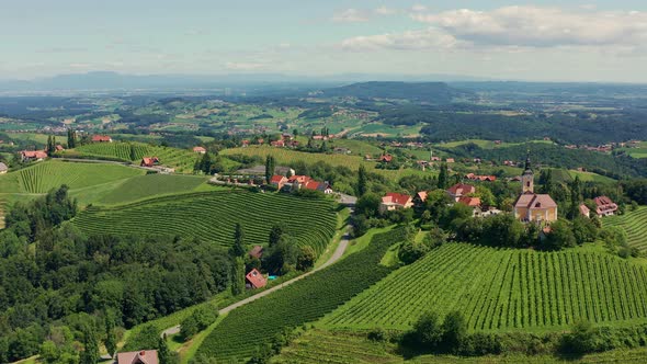 Aerial View of Austrian Vilage Kitzeck in Vineyard Region of Styria.