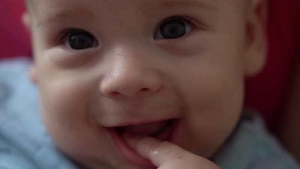 Closeup Cute Smiling Face Of Newborn Baby In Early Days Wakes Up Sticks Finger In Mouth