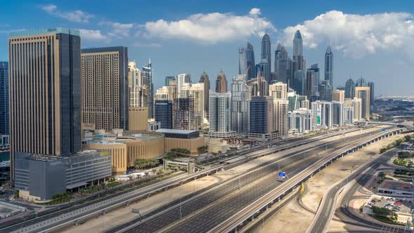 Dubai Marina Skyscrapers Aerial Top View with Clouds From JLT in Dubai Timelapse UAE