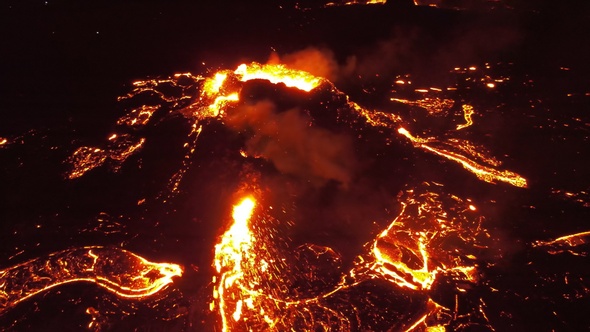 Night view over lava eruption volcano, Mount Fagradalsfjall, Iceland