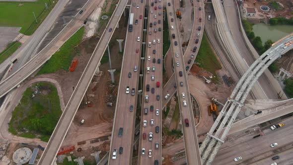 Birds eye view of traffic on major freeway in Houston