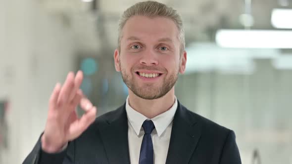 Portrait of Attractive Young Businessman Showing Ok Sign with Hand