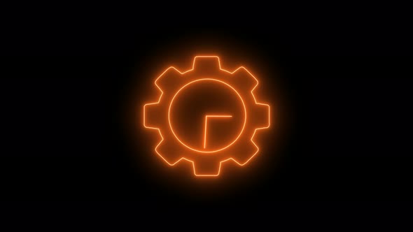 Gear Design Brown Neon Light Clock Isolated On Black Background