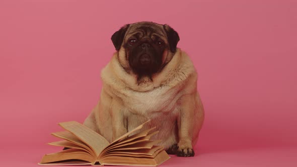 Very Thick Pug Sits with a Book and Looking at Camera