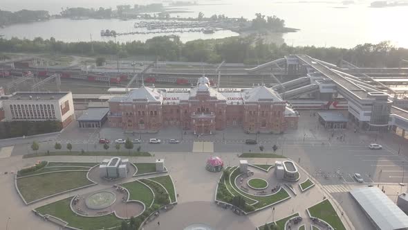 Railway station in Kazan, Russia with trains and station square