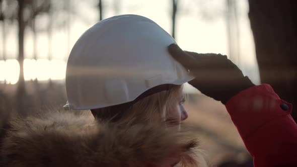 Builder Contractor Specialist Wearing Hardhat. Civil Engineer Checking Construction.