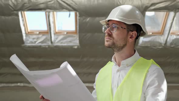 Concentrated Male Engineer Standing in Unfinished Building with Blueprints Plan