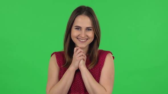 Portrait of Tender Girl in Red Dress Is Rejoicing. Green Screen