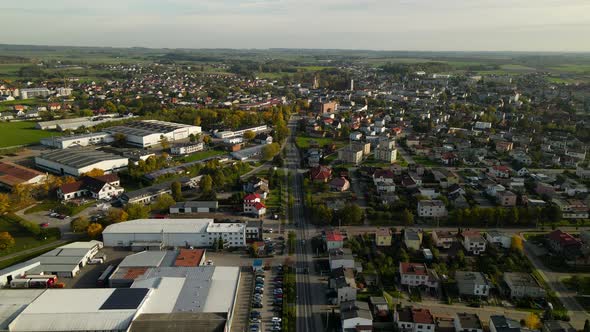 Morning Sunlight Over The Town Of Lubawa In Warmian-Masurian Voivodeship, Poland - aerial