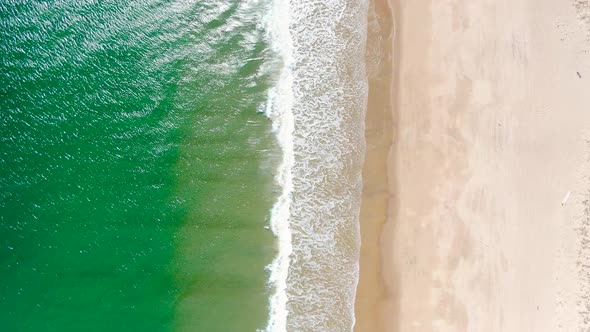 Vibrant green tropical color ocean and sandy beach, aerial top down view