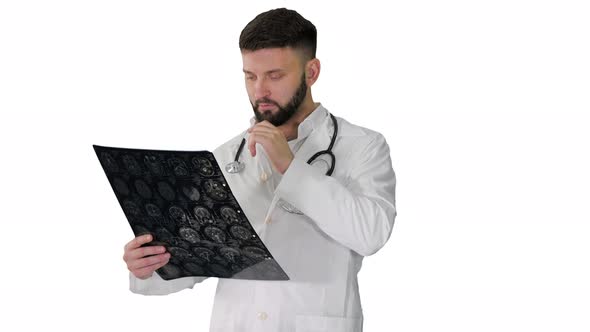 Physician Reading and Reviewing a MRI Brain Scan on White Background.