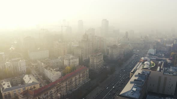 Beautiful Aerial Scene of Kreshchatyk Street in the Fog. Central Street of Kiev