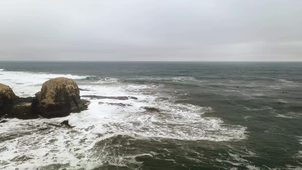 pichilemu, punta de lobos, chile. swell and big waves in the winter, drone Shot, Travel out. beautif
