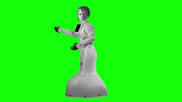 Robot Shows the Various Teams with Their Own Hands. Green Screen, side view