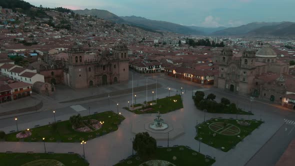 4k aerial footage over the Plaza de Armas at twilight in Cusco City, Peru during Coronavirus quarant