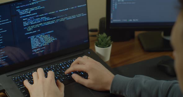 Closeup Coding on Screen, Man Hands Coding Html and Programming on Screen Monitors, Development Web
