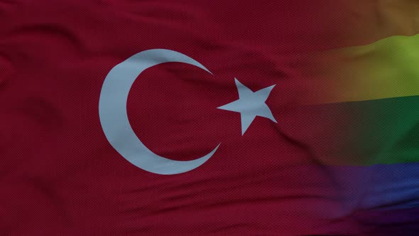 Waving National Flag of Turkey and LGBT Rainbow Flag Background