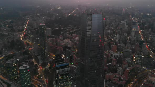 Night Santiago is the capital of Chile (aerial view, drone footage)