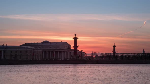 Russia. St. Petersburg. Neva River. Spit of Vasilyevsky Island sunset