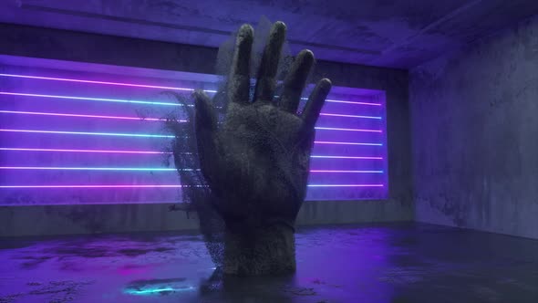 A Stone Human Hand Emitting Millions of Particle Streams in a Future Scifi Room with Modern Neon