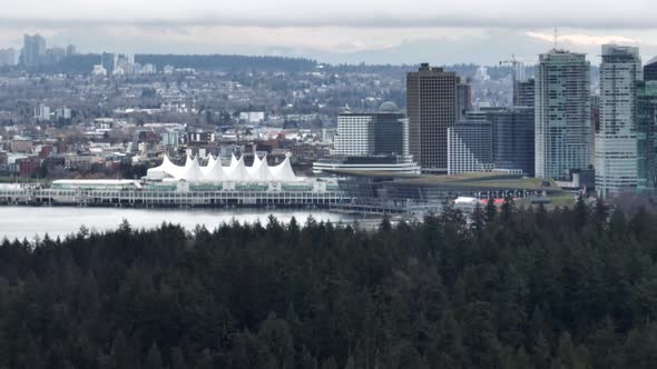 Aerial shot of Canada Place with Stanley Park in the Foreground in 4K