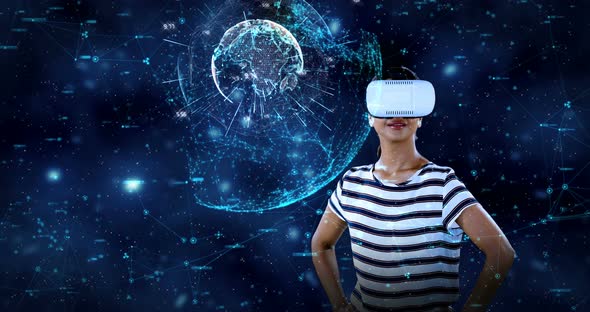 Digitally generated video of woman using virtual reality headset 4k