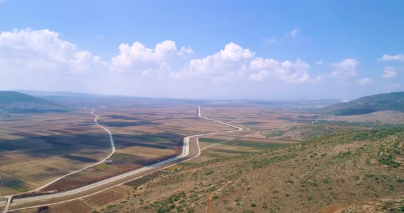 Aerial view of a stream crossing the countryside, Beit Netofa valley, Israel.