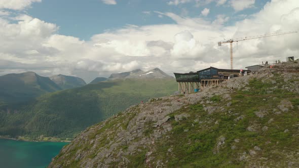 Eggen Restaurant With Scenic View Of Fjord And Mountains In Andalsnes, Norway. - aerial drone