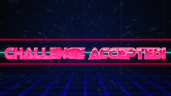 Retro Challenge accepted text glitching over blue and red lines on white hyperspace effect