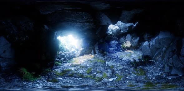 VR 360 Camera Moving Inside Tropical Cave in Jungle with Palms and Sun Light alt