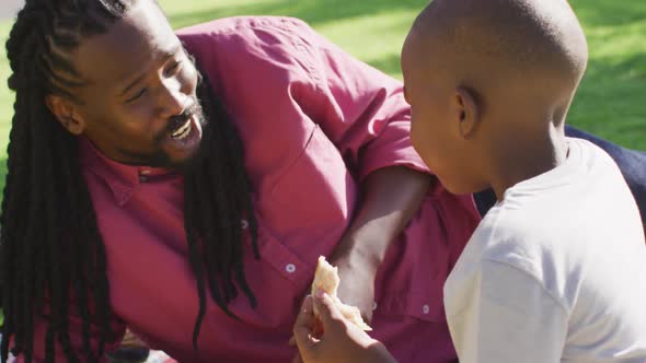 Video of happy african american father and son having picnic on grass