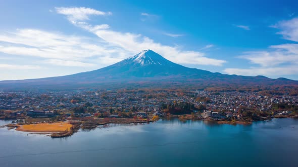 Aerial view Hyper lapse 4k footage of Mount Fuji on morning at Kawaguchiko Lake