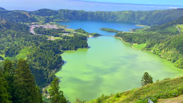 4K footage of two incredible blue and green crater-lakes together in Sete Cidades district in Sao Mi