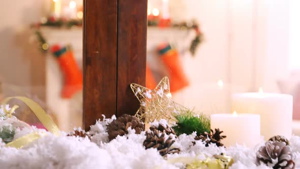 Christmas decorations on fake snow